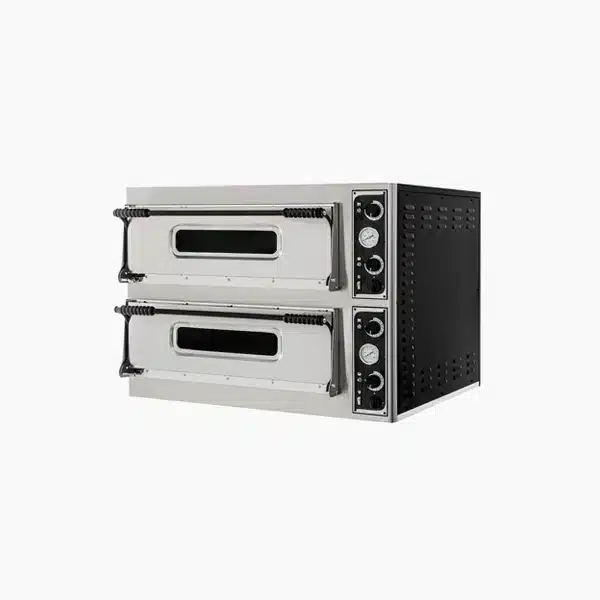 Commercial double-deck pizza oven with front glass windows, manual knobs, and built-in temperature gauges.