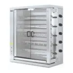 Commercial rotisserie oven with transparent front, vertical control panel, and stainless steel body.