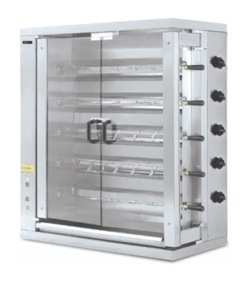 Commercial rotisserie oven with transparent front, vertical control panel, and stainless steel body.