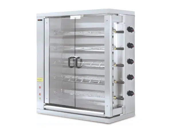 Commercial rotisserie oven with transparent front, vertical control panel, and stainless steel body.