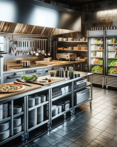 Home 73 DALL·E 2024 01 16 14 02 38 A commercial kitchen featuring a variety