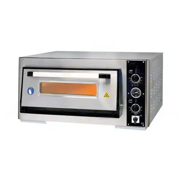 Single-deck stainless steel pizza oven with glass viewing window, temperature gauge, and manual control knobs.