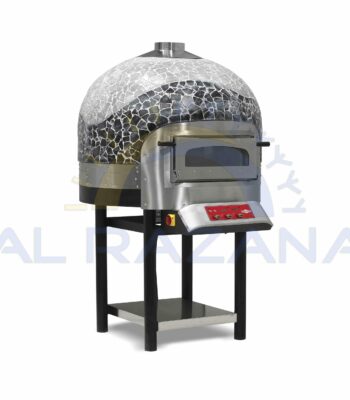 Modern dome-shaped pizza oven with mosaic finish, stainless steel door, and control panel for commercial use.