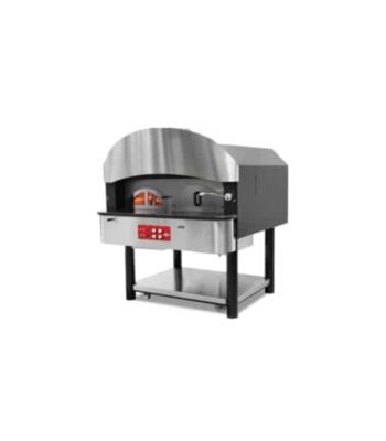 Modern stainless steel commercial pizza oven with curved top, digital control panel, and under-shelf storage space.