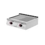 Stainless steel countertop gas grill with dual control knobs and split cooking surfaces for grilling and searing.