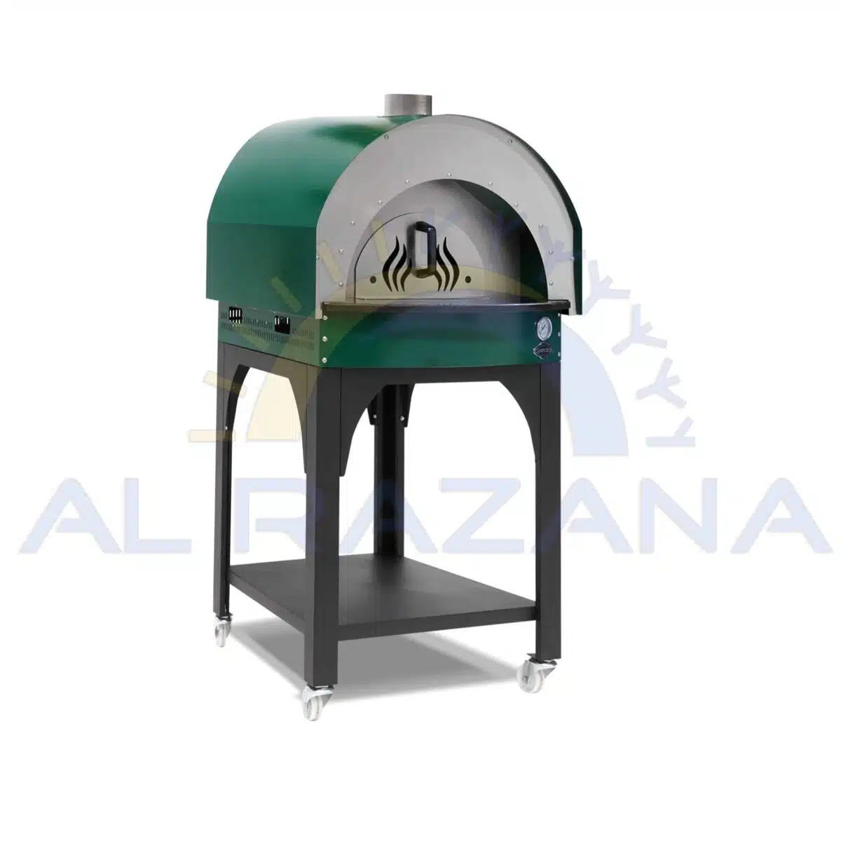 Black dome-shaped commercial gas pizza oven with stainless steel control knobs and dual storage shelves below.