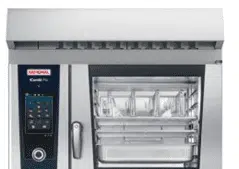 Professional-grade Rational oven featuring a touchscreen panel and transparent cooking chamber door.