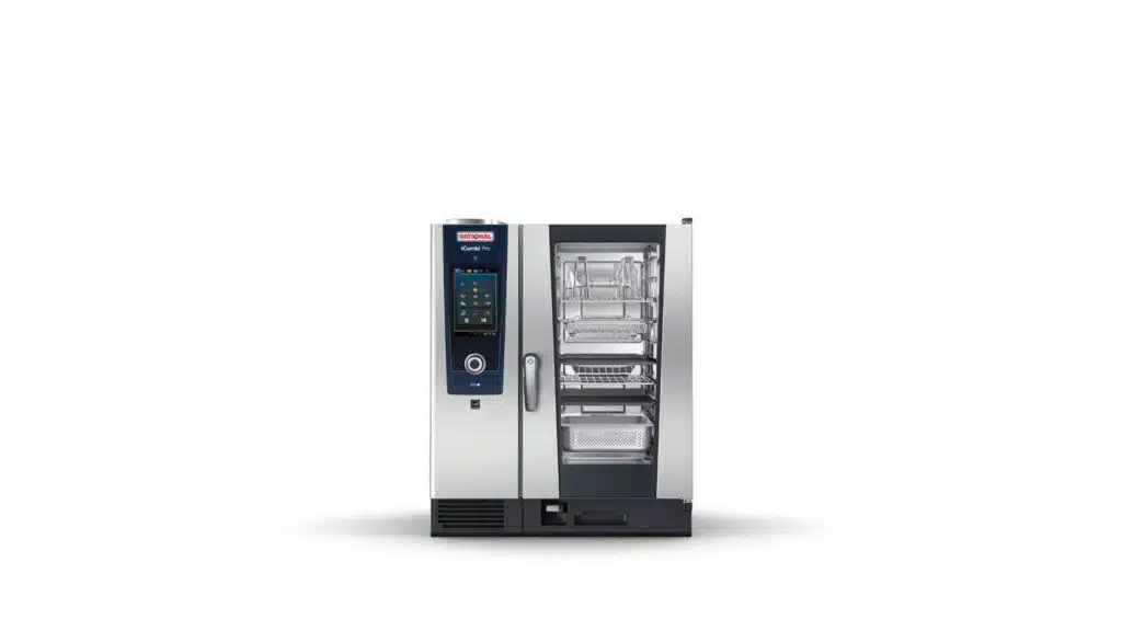 RATIONAL iCombi Pro smart combi oven with touch display and stainless steel trays for professional kitchens.