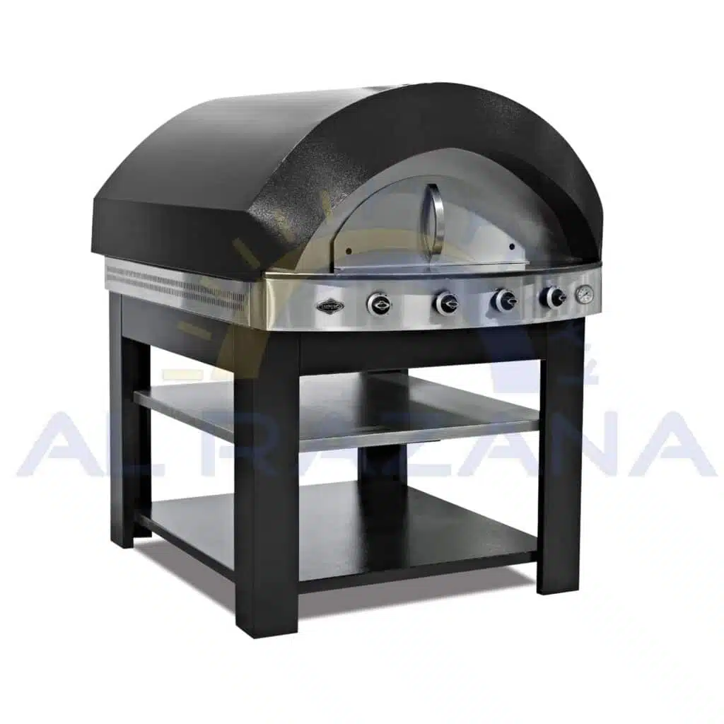 Black dome-shaped commercial gas pizza oven with stainless steel control knobs and dual storage shelves below.