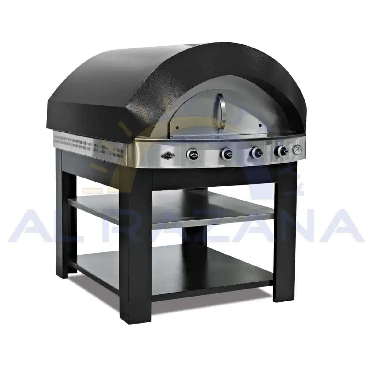 Black dome-shaped commercial gas pizza oven with stainless steel control knobs and dual storage shelves below.