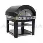 فرن بيتزا غازي تجاري أسود على شكل قبة مع مقابض تحكم من الفولاذ المقاوم للصدأ ورفوف تخزين مزدوجة في الأسفل.