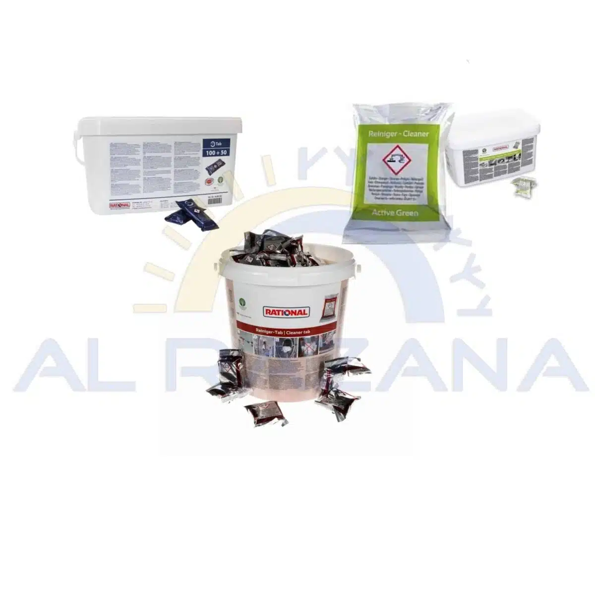 Professional kitchen cleaning products featuring Rational buckets, tablet packs, and detergent containers.