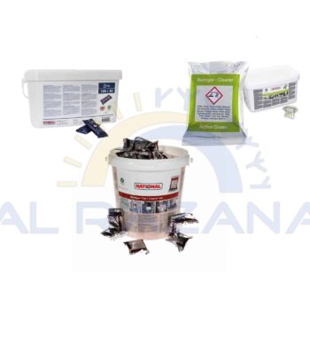 Professional kitchen cleaning products featuring Rational buckets, tablet packs, and detergent containers.