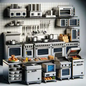 Commercial Restaurant Kitchen Equipment Supplier in UAE | Alrazana 4 DALL·E 2024 01 15 14.08.40 A semi realistic image representing the category of Restaurant Kitchen Equipments for a restaurant website. The image should showcase a variety of e 300x300 1