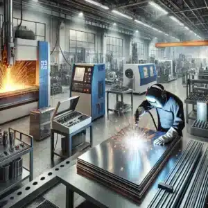 Home 1 DALL·E 2024 08 26 12.37.25 A semi realistic image depicting a stainless steel fabrication workshop filled with various equipment and tools. The scene shows a worker operating a