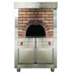 Stainless steel mobile brick oven with traditional brick arch design, dual controls, and storage cabinet below.