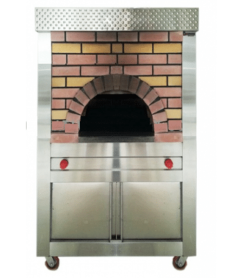 Stainless steel mobile brick oven with traditional brick arch design, dual controls, and storage cabinet below.