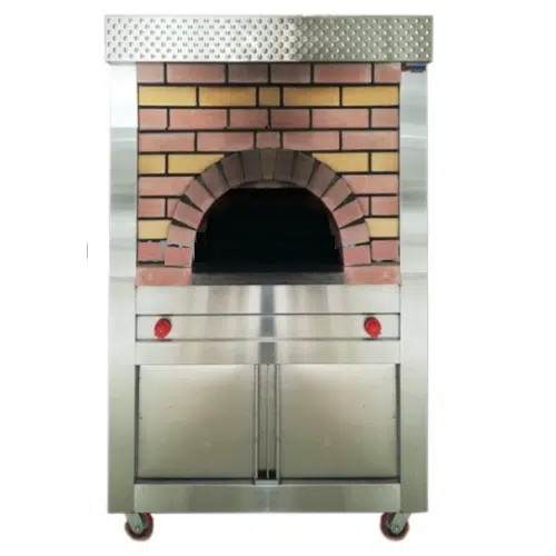 Stainless steel mobile brick oven with traditional brick arch design, dual controls, and storage cabinet below.