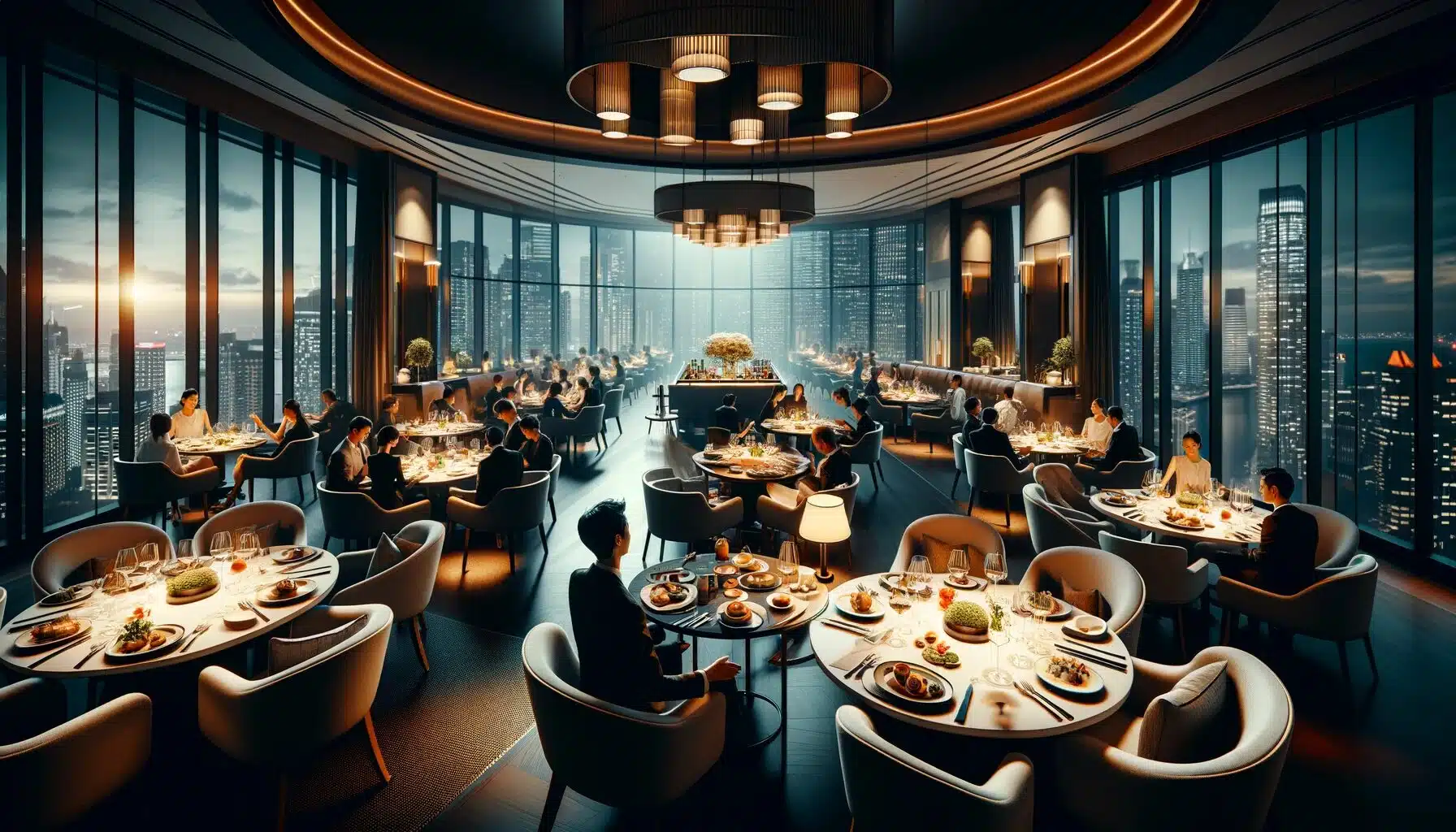 Maximizing Efficiency with Modern Hotel Kitchen Design 1 DALL·E 2024 02 29 11.52.12 A luxurious hotel dining room filled with guests enjoying gourmet meals. The setting is elegant with dim lighting beautifully arranged tables with f