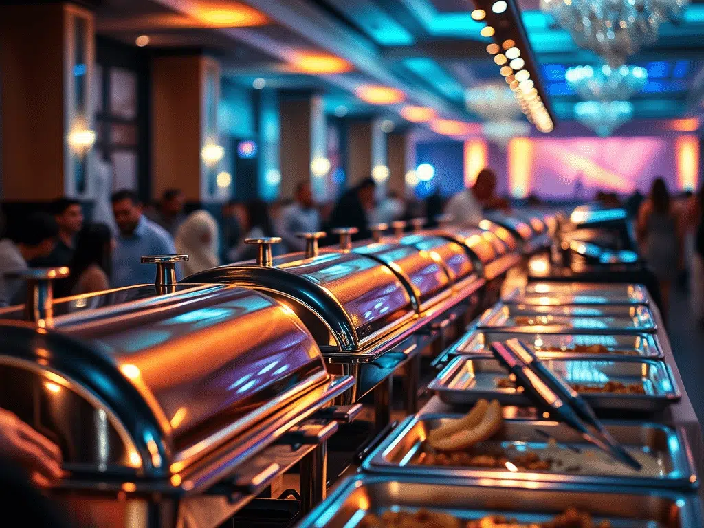 Luxurious catering buffet line with stainless steel warmers and ambient lighting at a formal event.