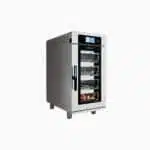 Compact stainless proofer oven with transparent door, digital panel, and multiple food trays inside.