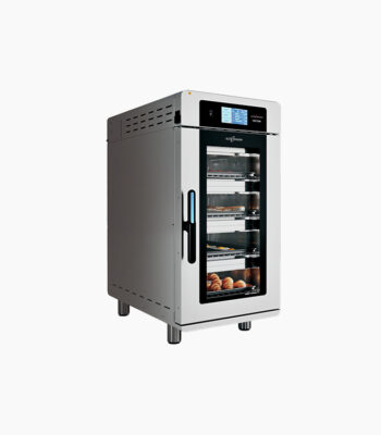 Compact stainless proofer oven with transparent door, digital panel, and multiple food trays inside.